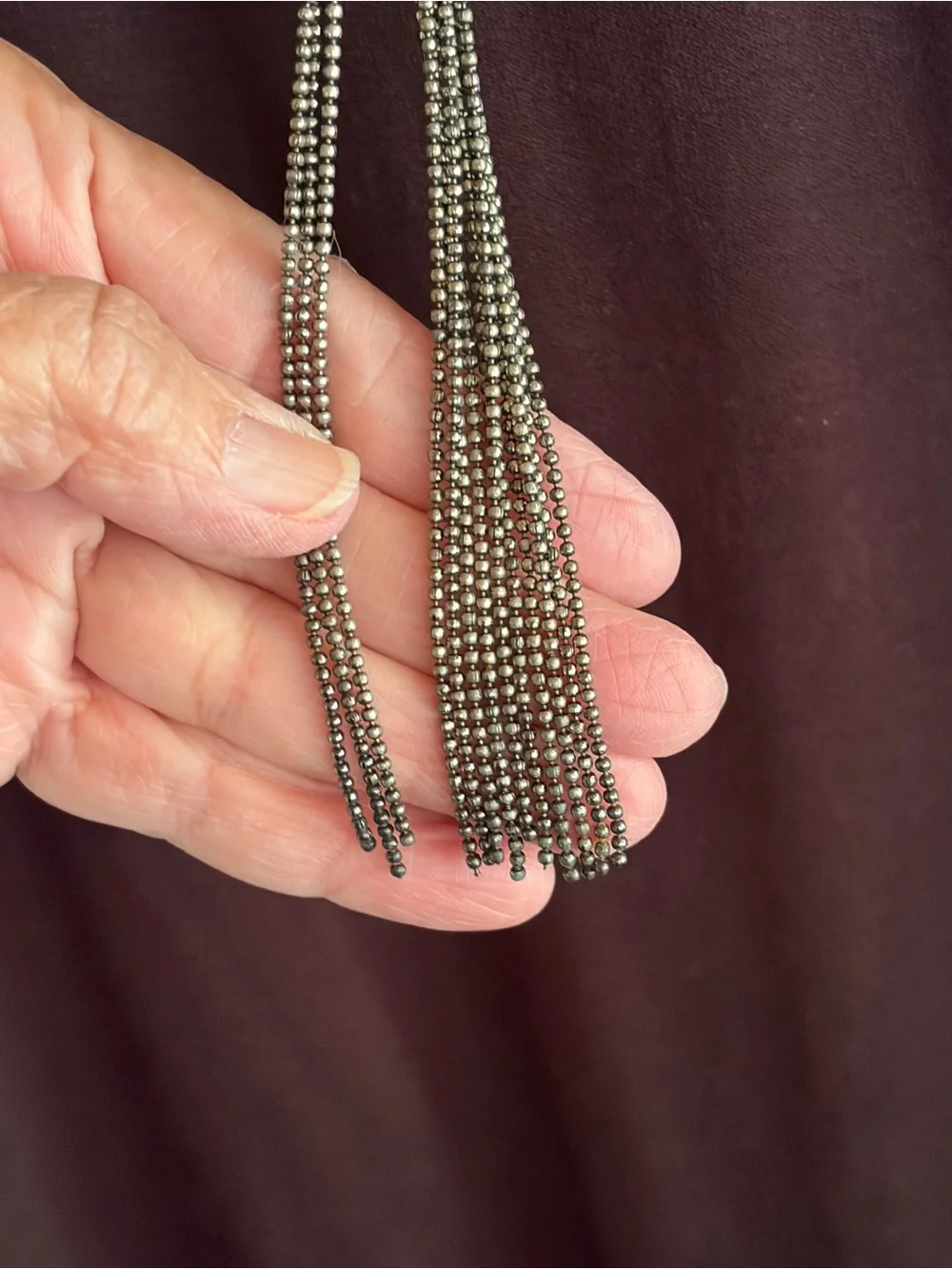 Long Gunmetal Beaded Tassel Necklace Braided Tiny Bead Statement 32”